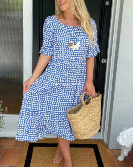 Zora – Short-Sleeve Midi Dress with Round Neck