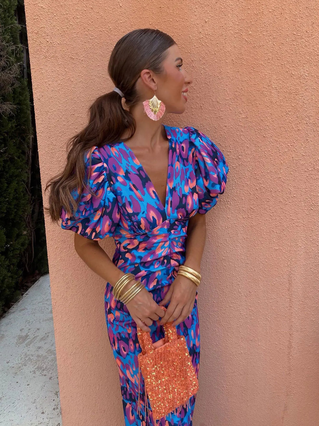 Giselle – Printed Midi Dress with Puff Sleeves