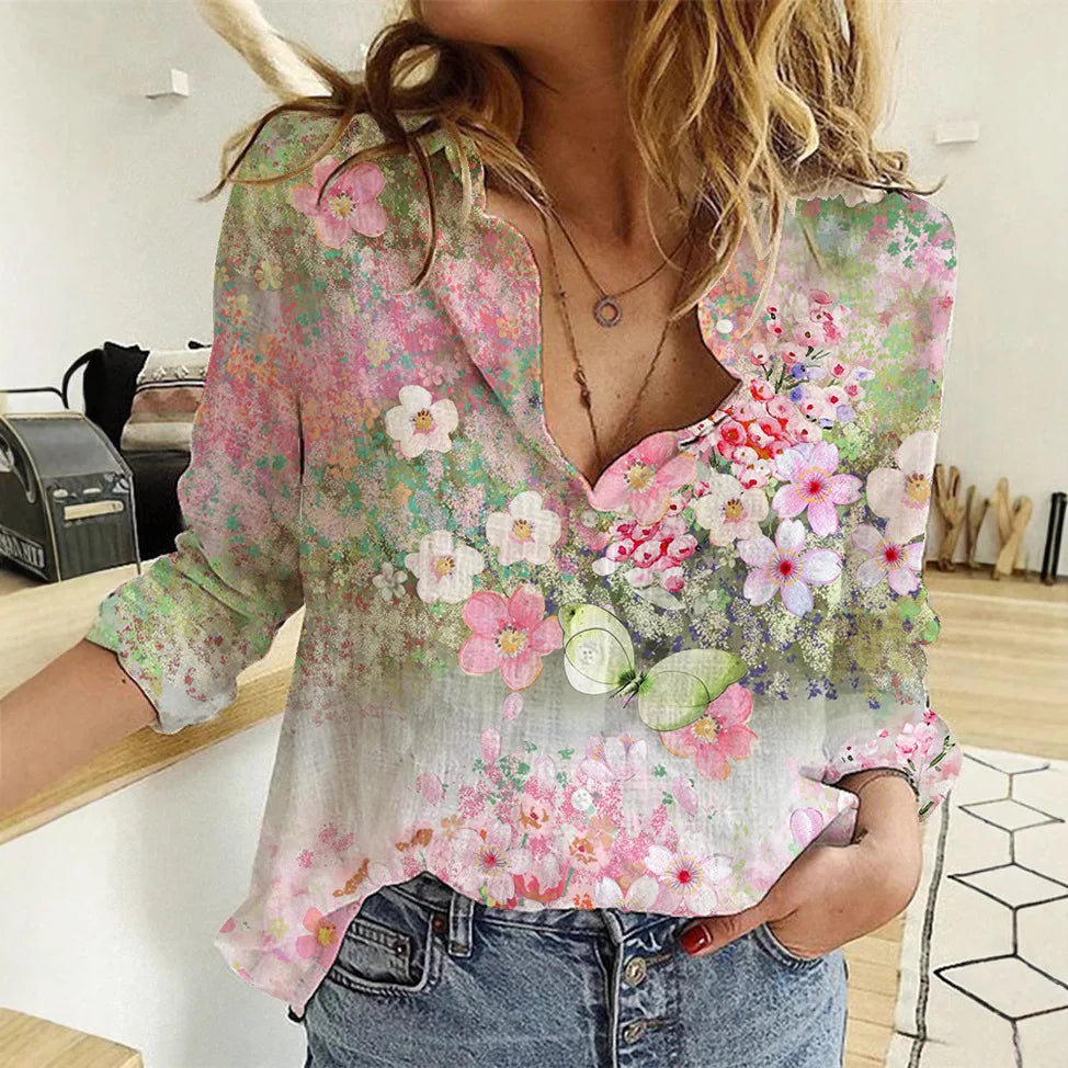 Sylvie – Floral V-Neck Blouse with ¾ Sleeves