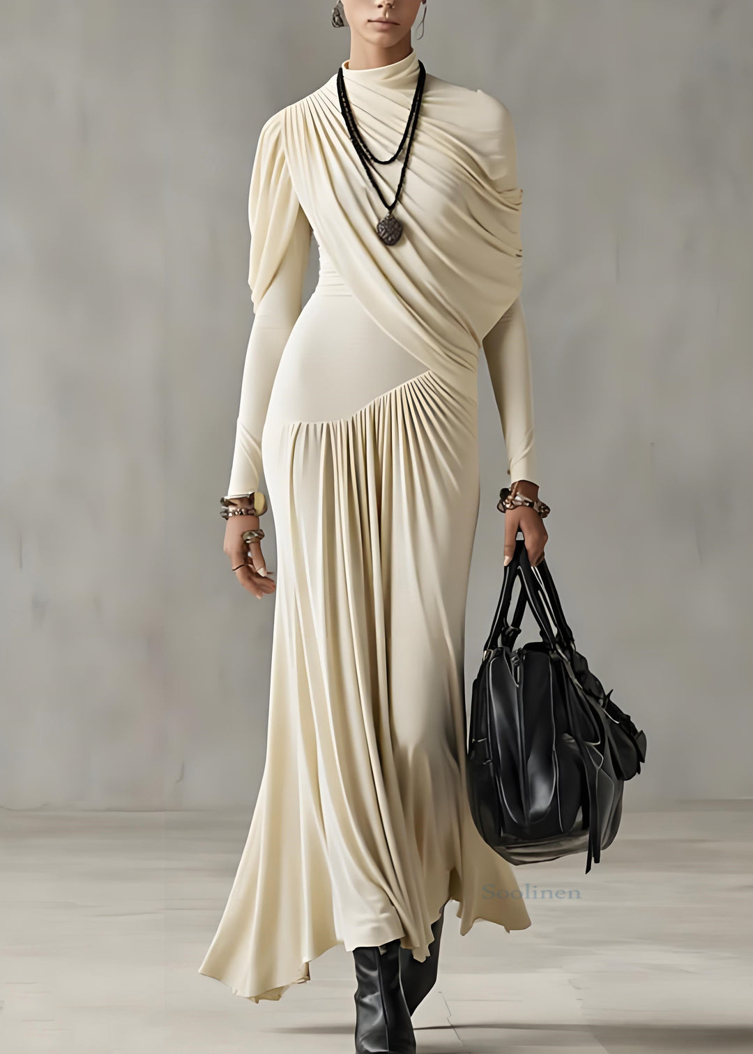 Model in apricot long dress with draping, carrying a black bag in a simple indoor environment.