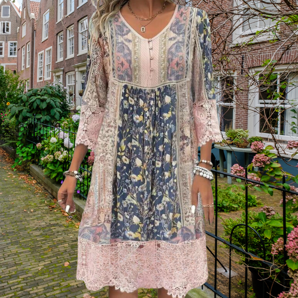 Naya – Floral Boho Midi Dress with Button Detail