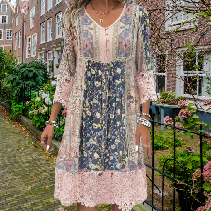 Naya – Floral Boho Midi Dress with Button Detail