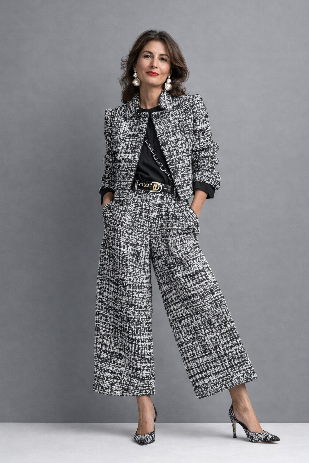 Woman in black and white patterned pantsuit, hands in pockets, against a gray studio backdrop.