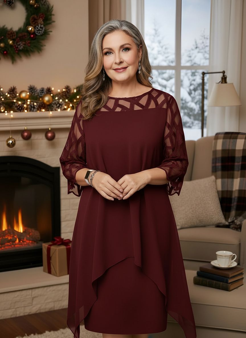 Woman in elegant maroon dress with lace sleeves, standing indoors by decorated fireplace.