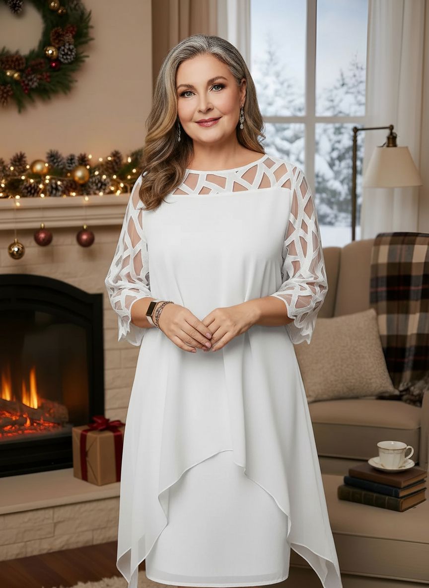 Woman in elegant white dress with lace sleeves, standing indoors by decorated fireplace.