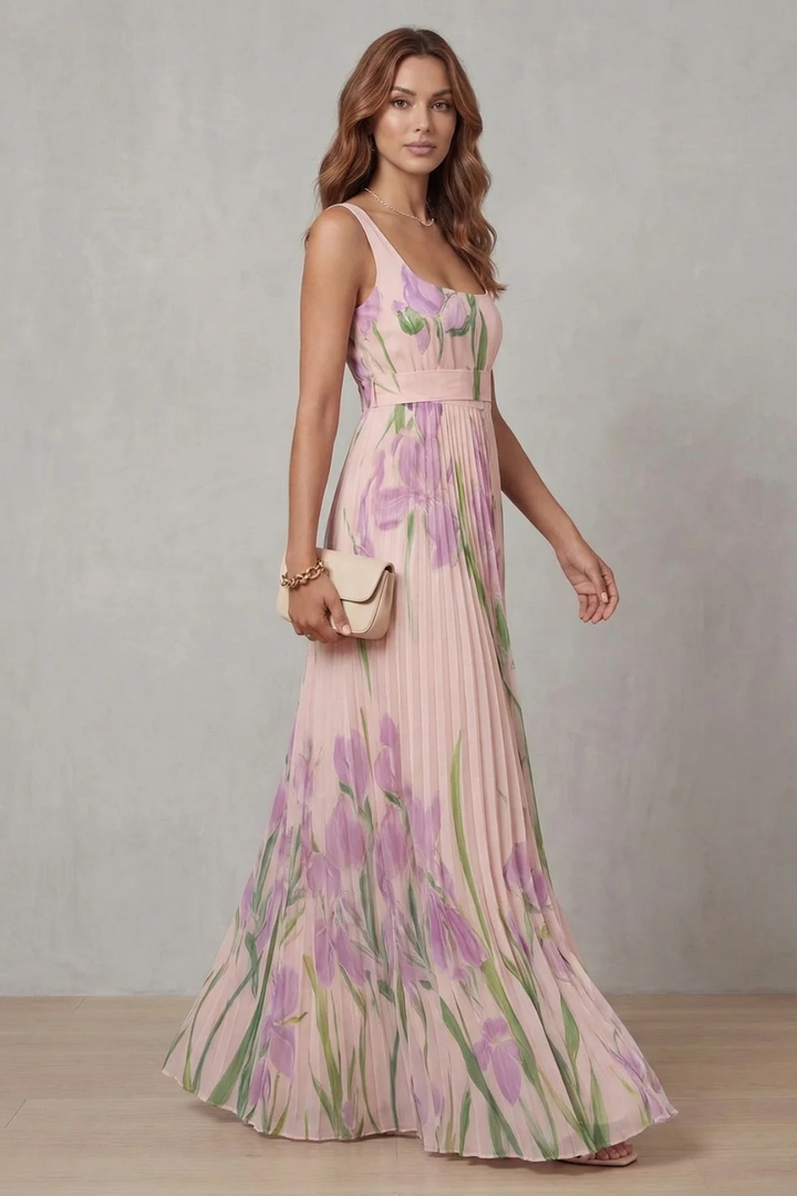 Vivienna | Watercolour floral – Pleated maxi dress