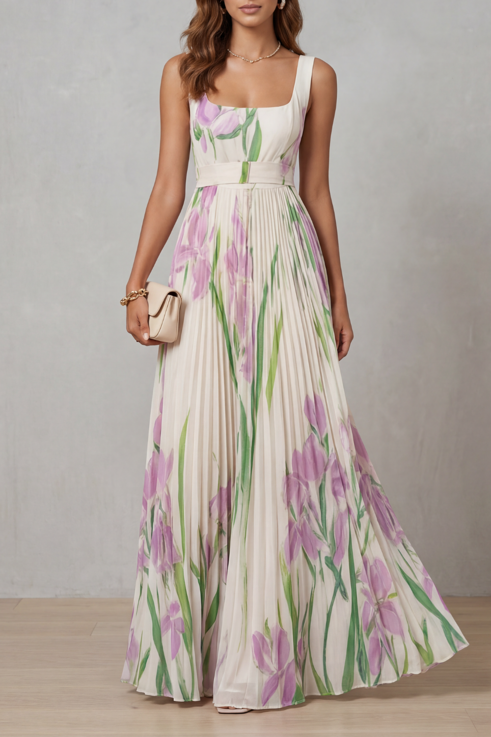 Vivienna | Watercolour floral – Pleated maxi dress