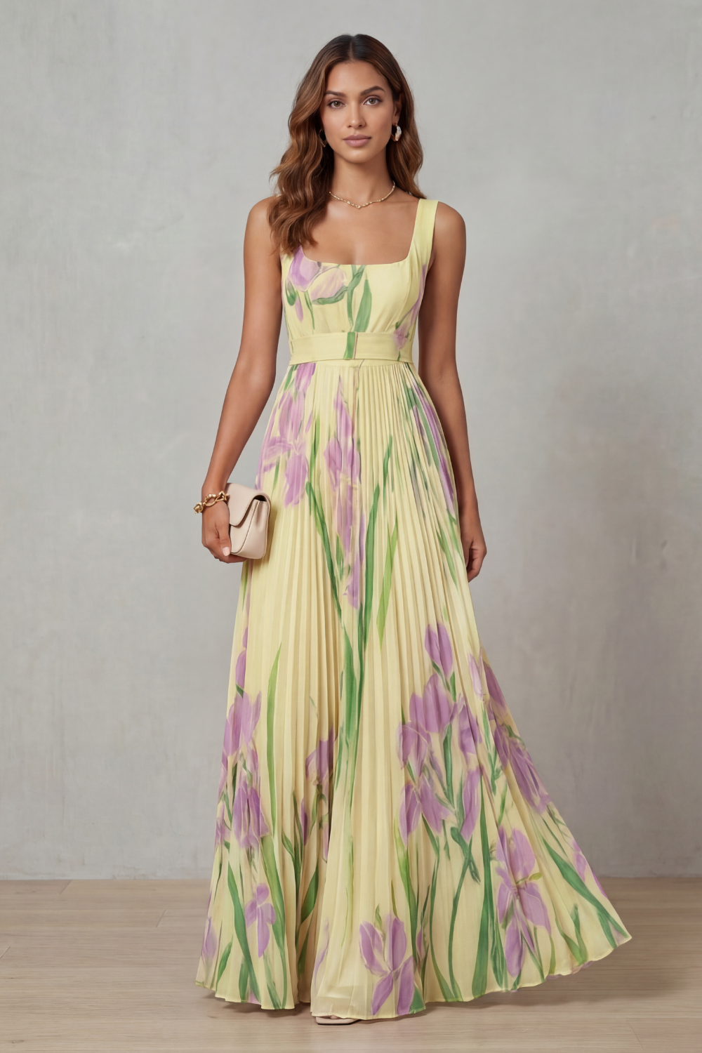 Vivienna | Watercolour floral – Pleated maxi dress