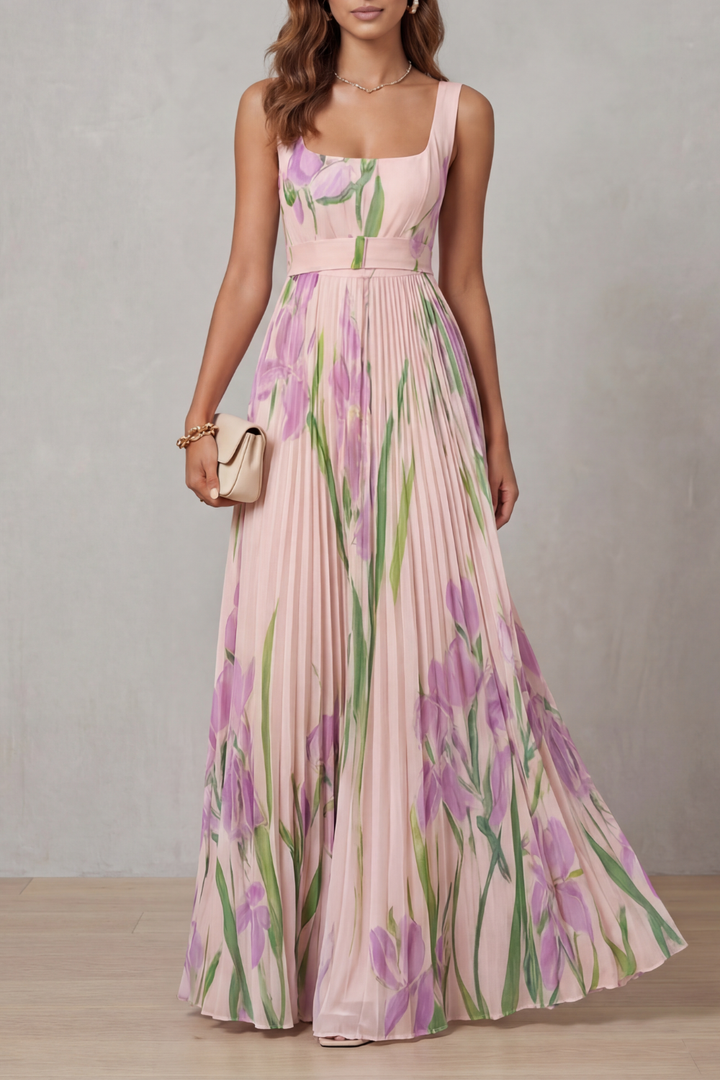 Vivienna | Watercolour floral – Pleated maxi dress