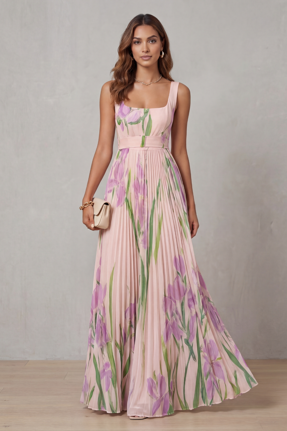 Vivienna | Watercolour floral – Pleated maxi dress