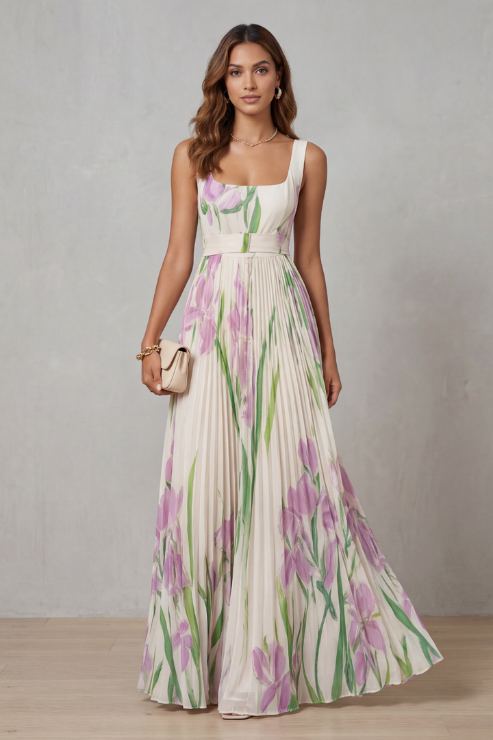 Vivienna | Watercolour floral – Pleated maxi dress