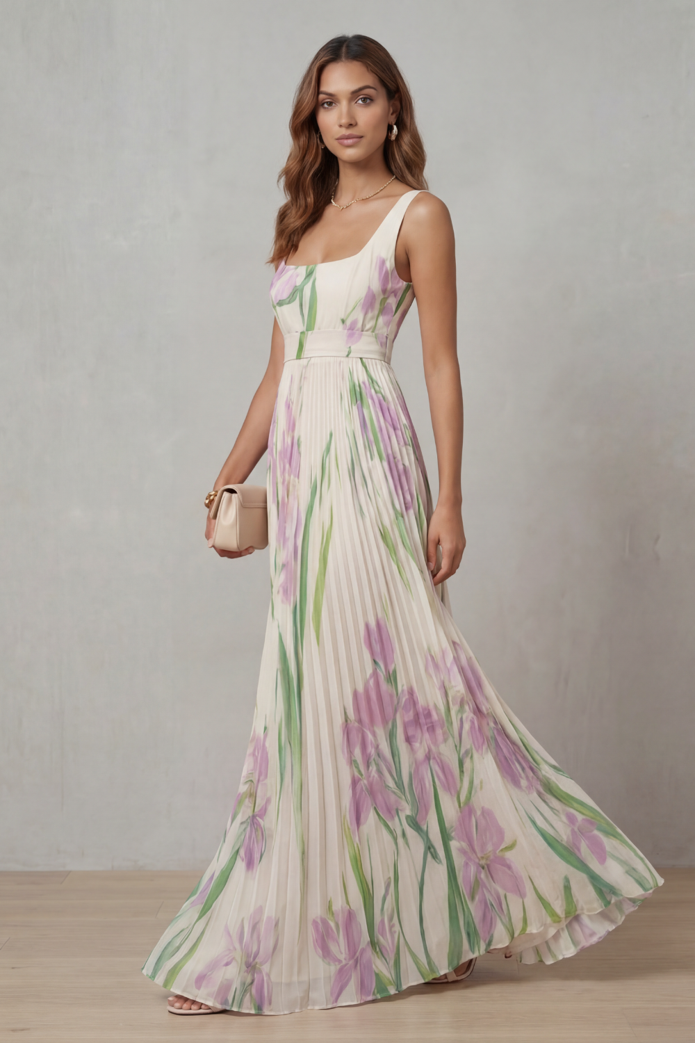 Vivienna | Watercolour floral – Pleated maxi dress