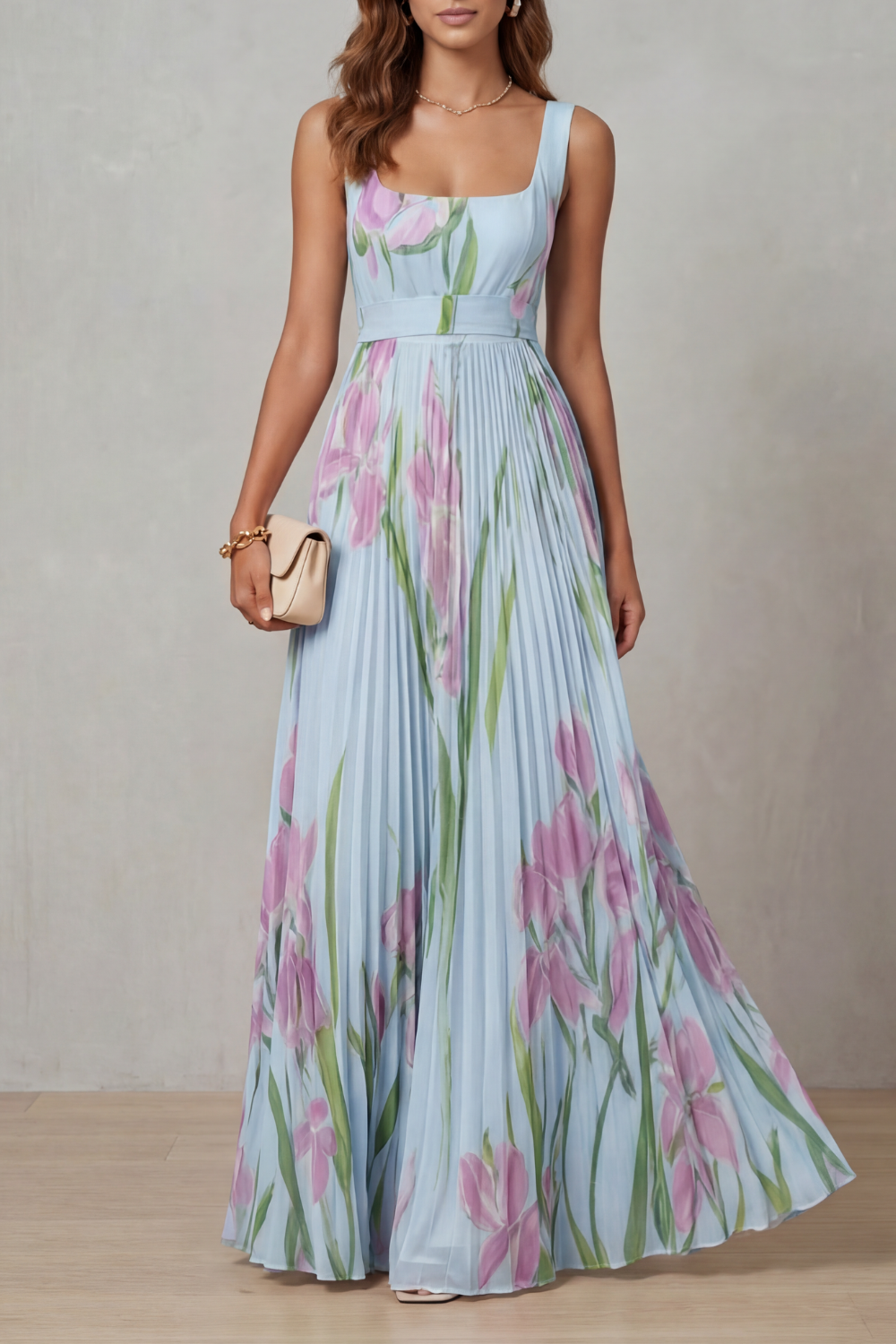 Vivienna | Watercolour floral – Pleated maxi dress