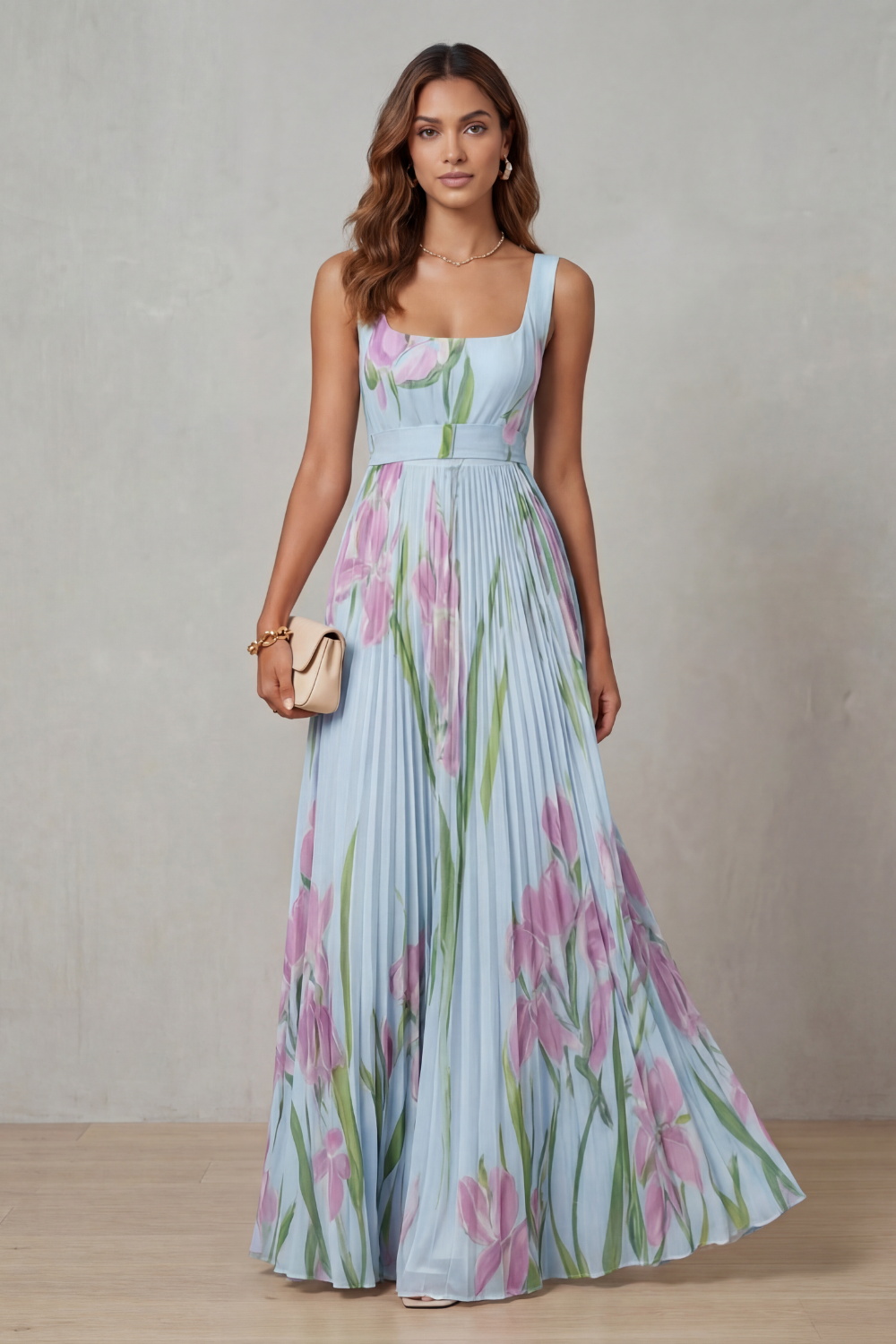 Vivienna | Watercolour floral – Pleated maxi dress