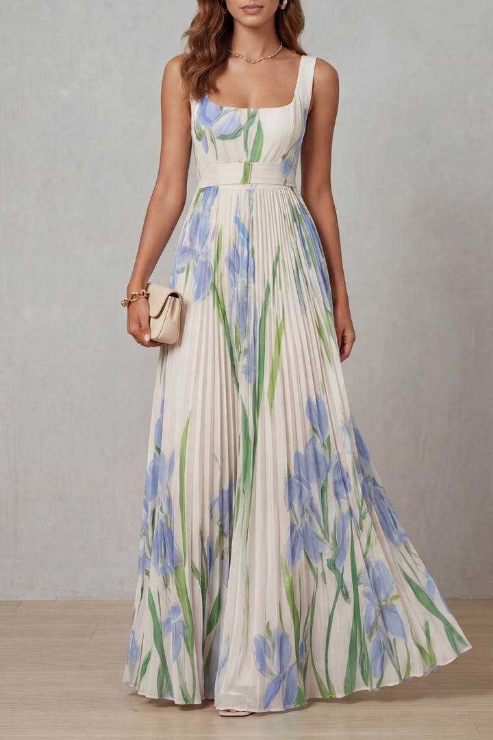 Vivienna | Watercolour floral – Pleated maxi dress