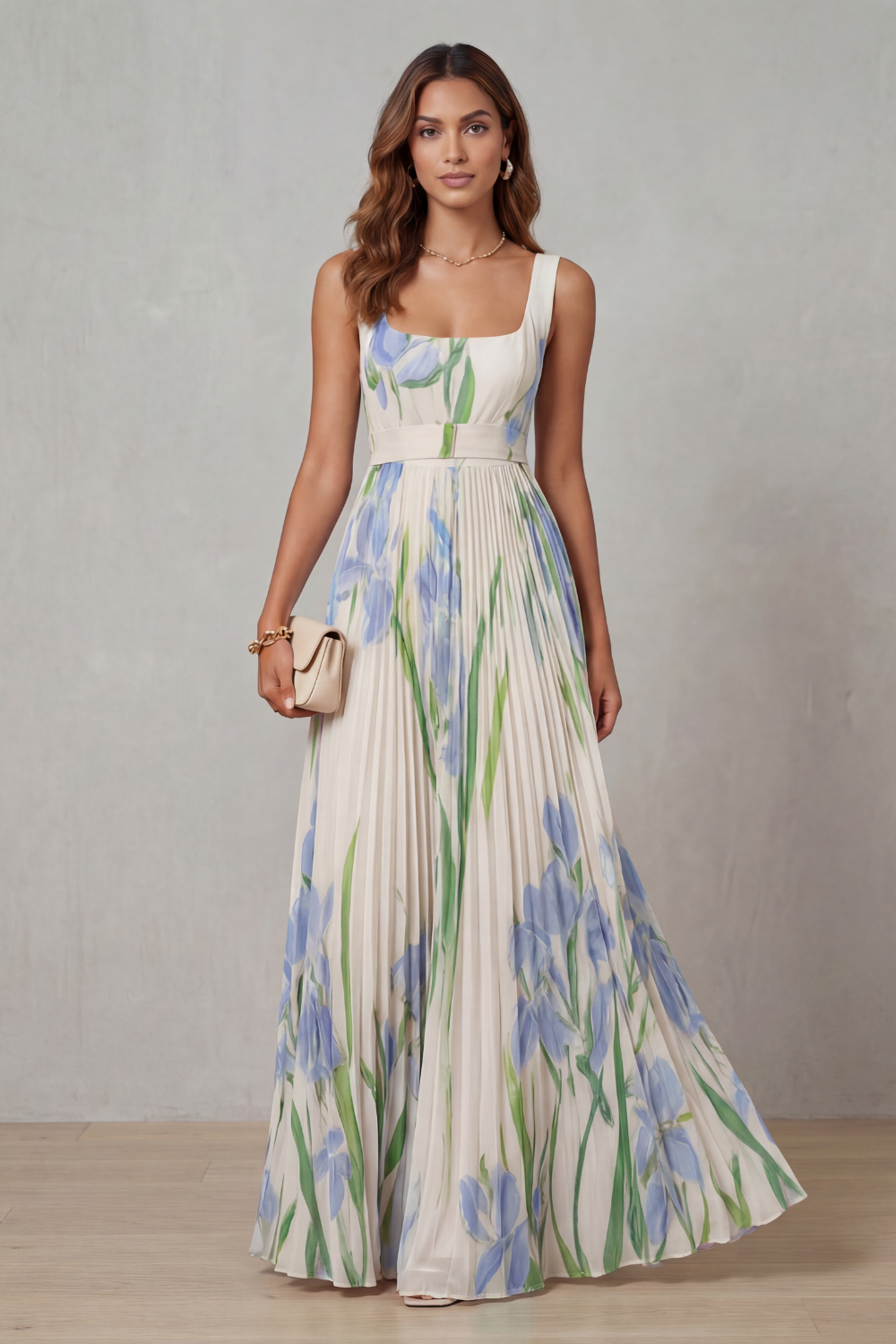 Vivienna | Watercolour floral – Pleated maxi dress