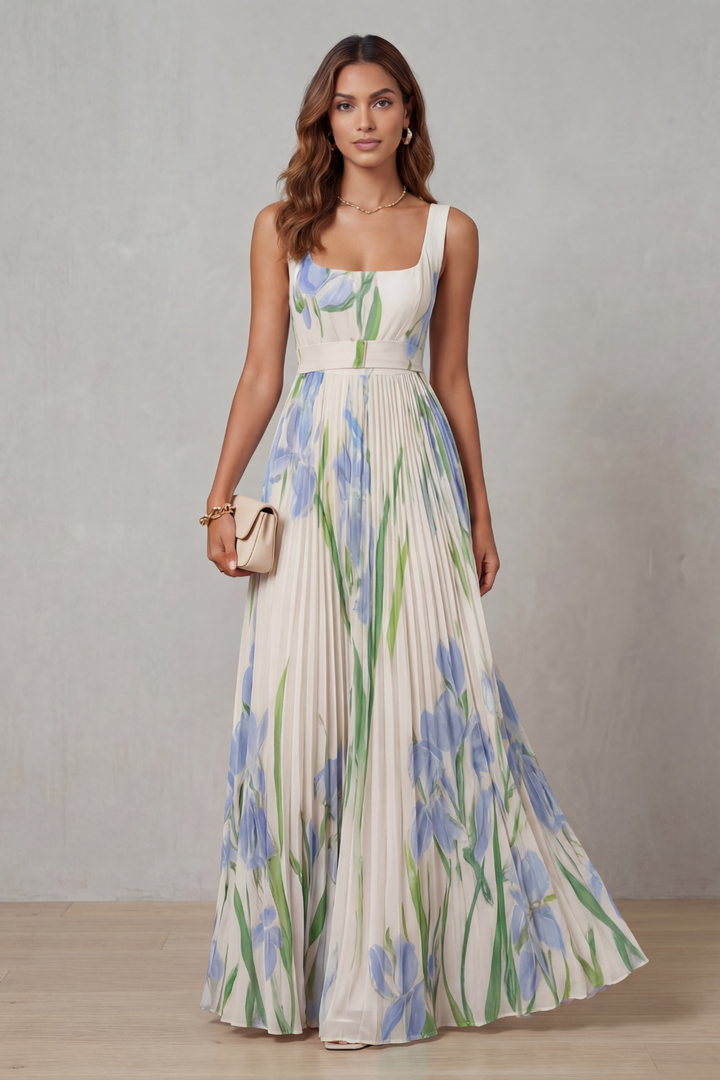 Vivienna | Watercolour floral – Pleated maxi dress