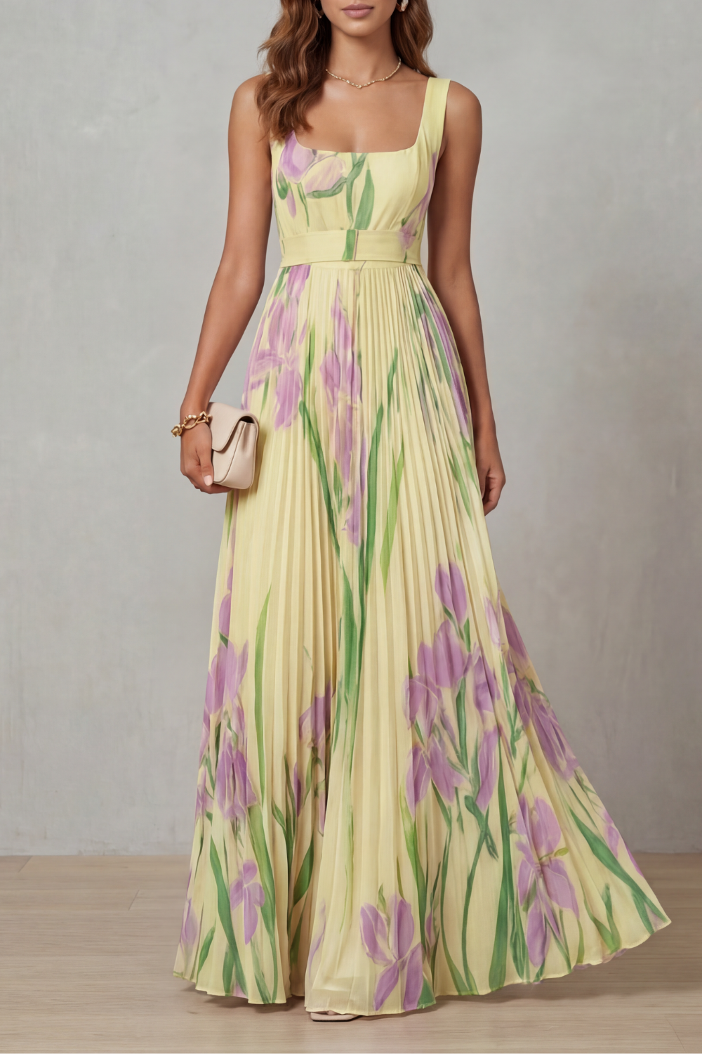 Vivienna | Watercolour floral – Pleated maxi dress