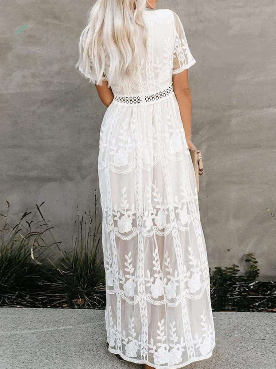 Fleur – Boho Maxi Dress with V-Neck &amp; Lace Detail