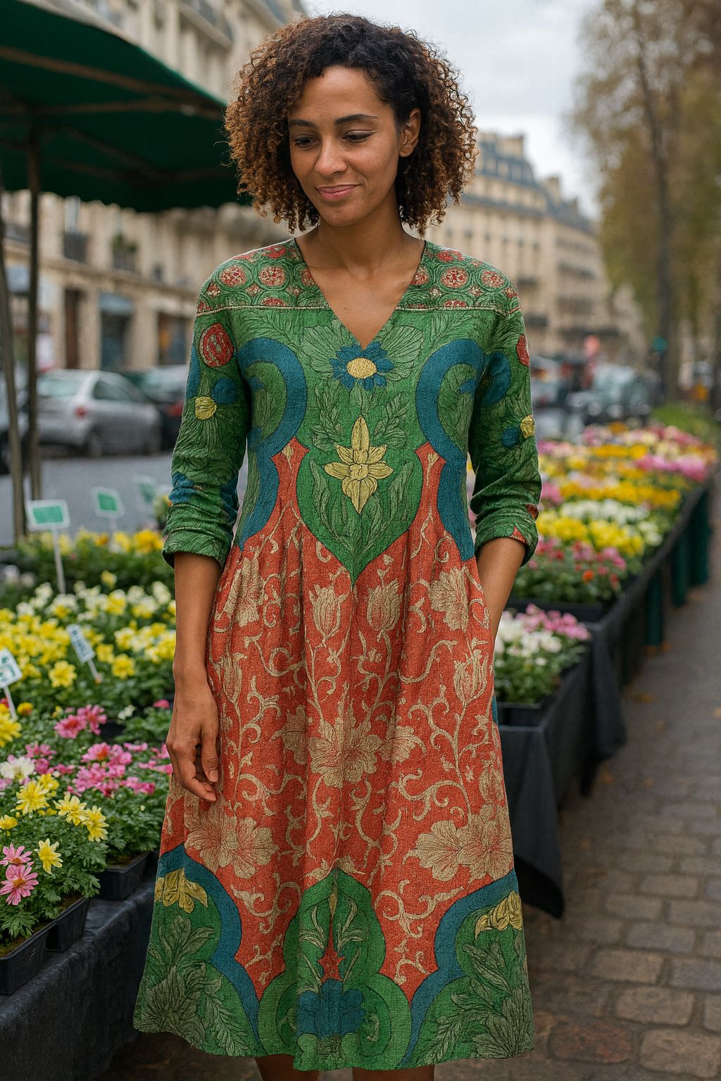 Vintage floral dress with vibrant patterns worn outdoors near flower stalls in an urban setting.