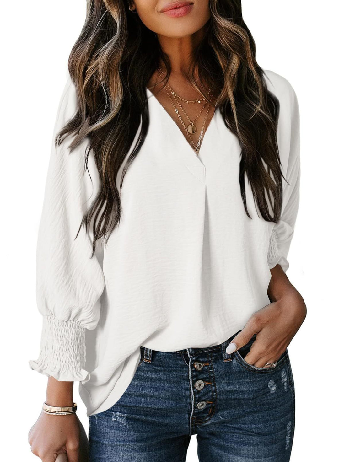 Nina – Relaxed V-Neck Blouse with 3/4 Sleeves