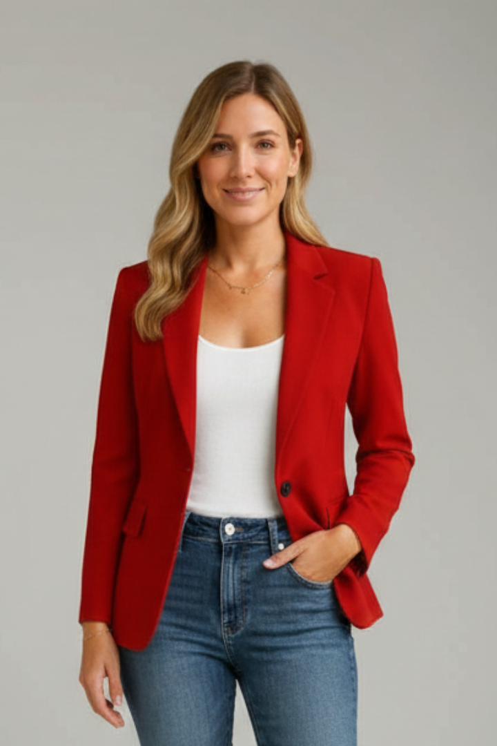 Model wearing red blazer, white top, and jeans against a plain background.