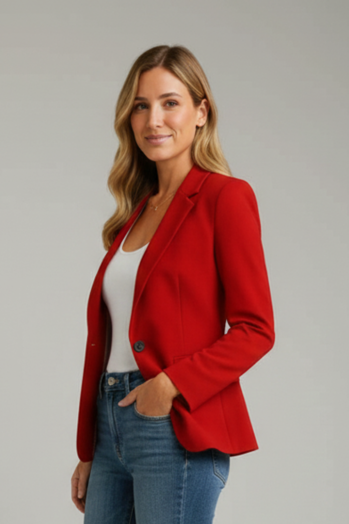 Model in red blazer, white top, jeans, smiling, plain background.