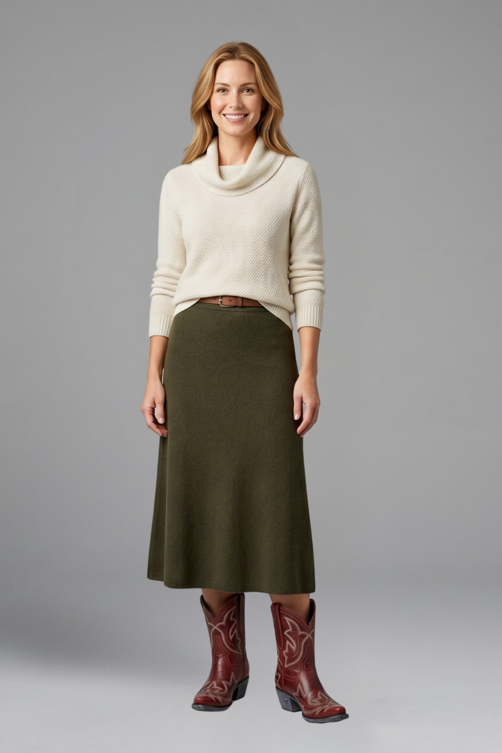 Woman wearing red embroidered boots with a white sweater and green skirt in a studio, gray background.