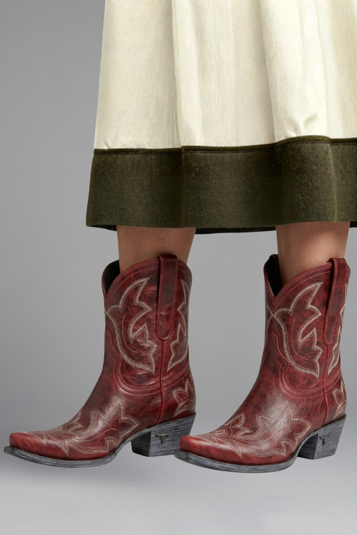 Side view of red embroidered women&