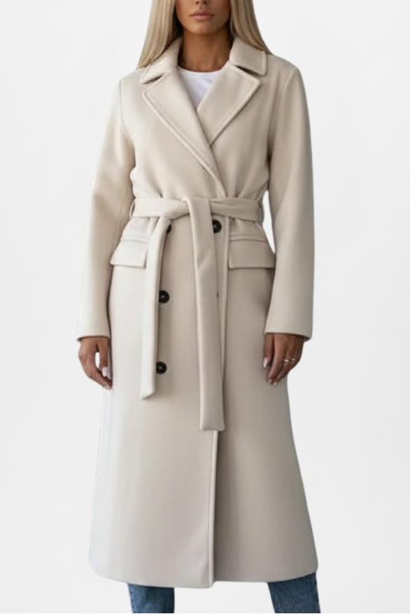 Women’s Long Coat with Belt and Double-Breasted Front