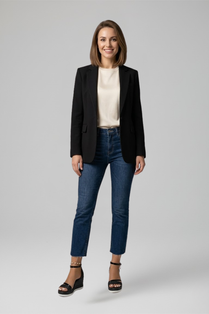 Woman wearing black cushioned sandals, black blazer, and denim jeans in a studio setting.