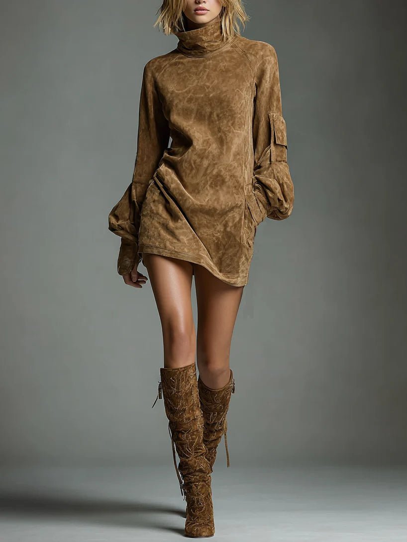 Model in a tan vintage turtleneck mini dress with long sleeves, styled with tall textured boots, studio backdrop.