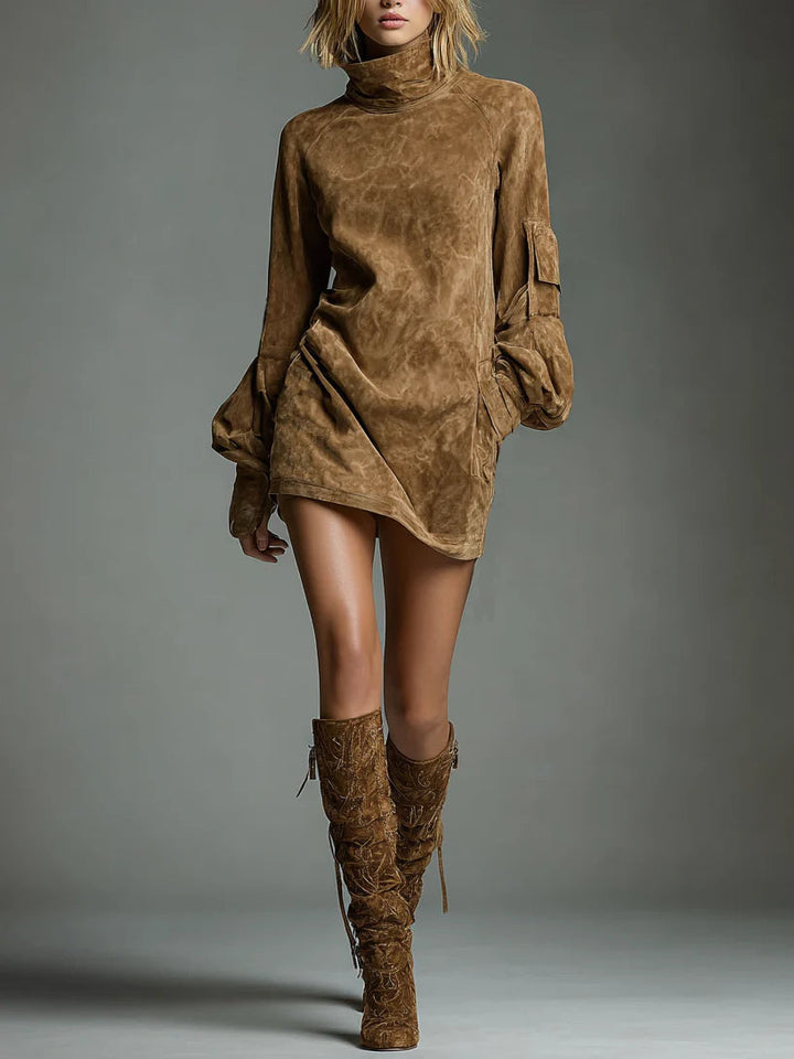 Bibi | Oversized Mini Dress in Suede with High Collar