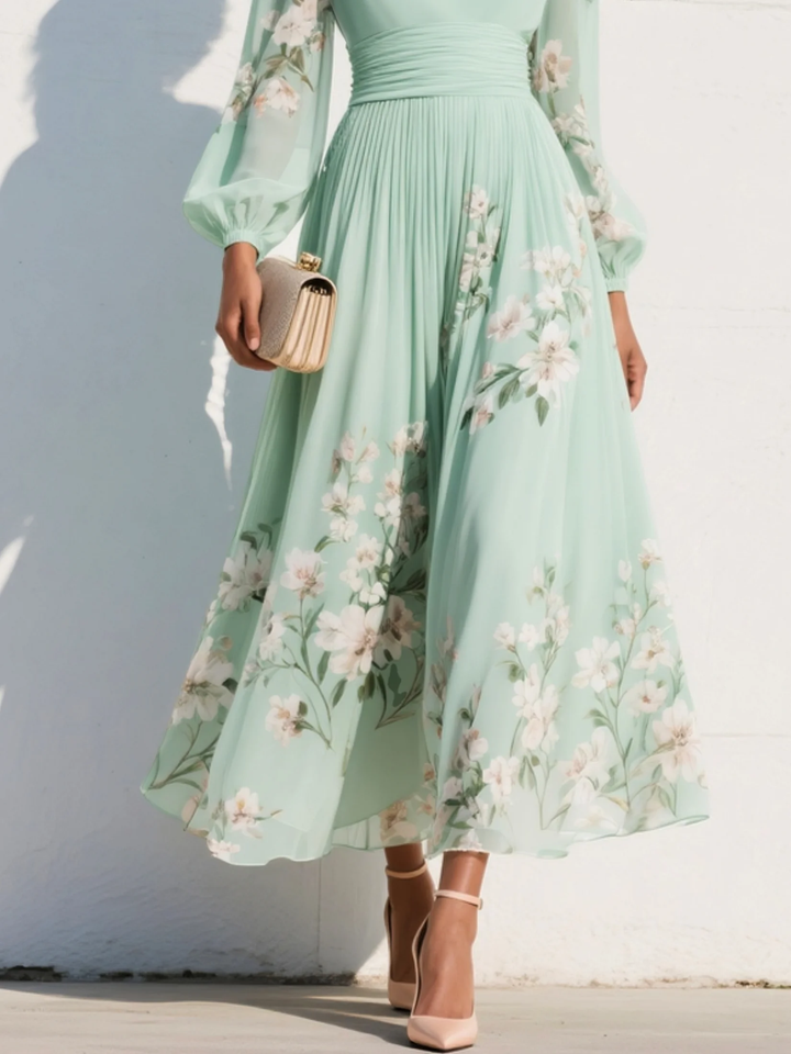 Detail view of the lower half of a light green floral midi dress, showcasing the cascading floral patterns, paired with heels.