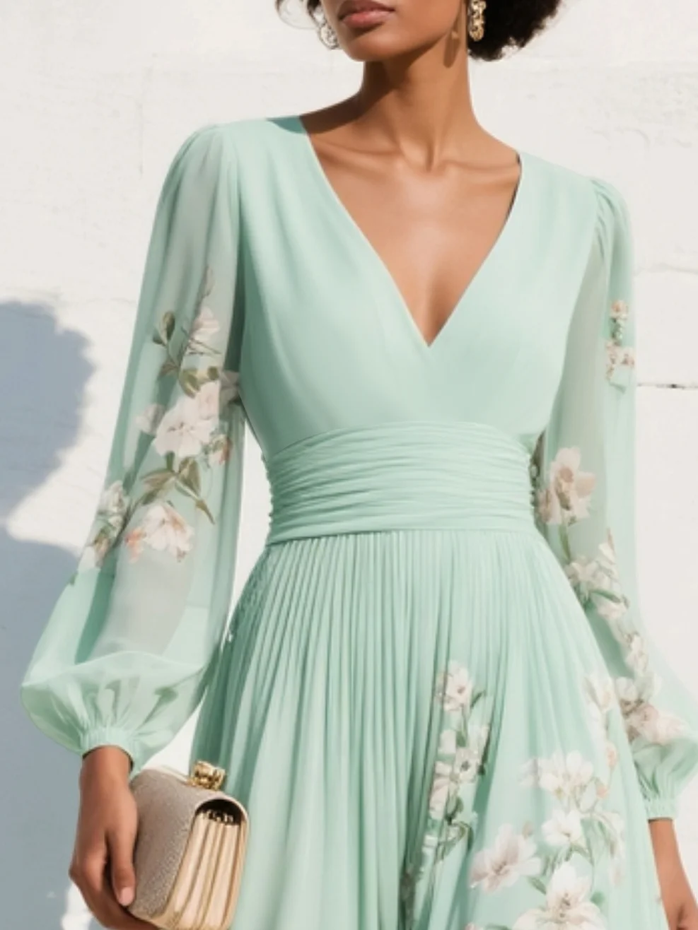 Close-up of light green floral midi dress with long sleeves, highlighting the bouquet pattern and V-neckline, with a clutch.