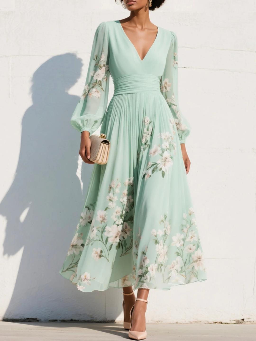 Woman in a flowing light green floral midi dress with long sleeves, standing against a bright white wall, holding a clutch.
