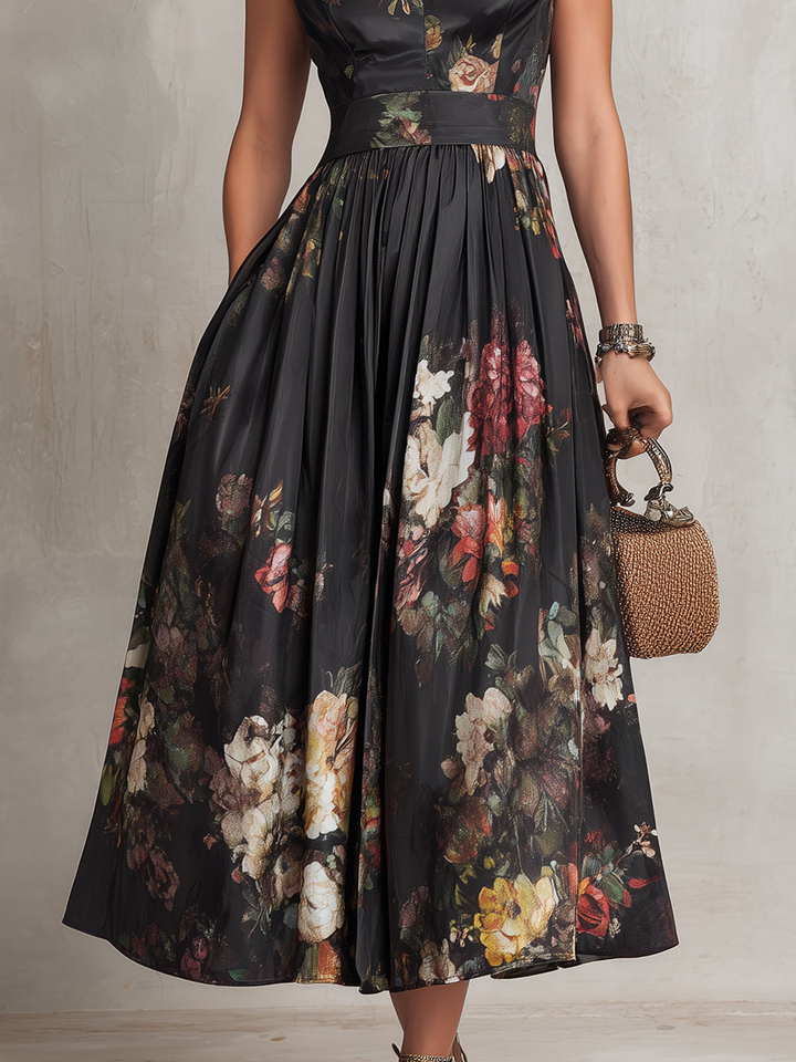 Mary | Black Keyhole Collar Floral Pleated Midi Dress