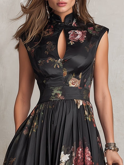 Mary | Black Keyhole Collar Floral Pleated Midi Dress