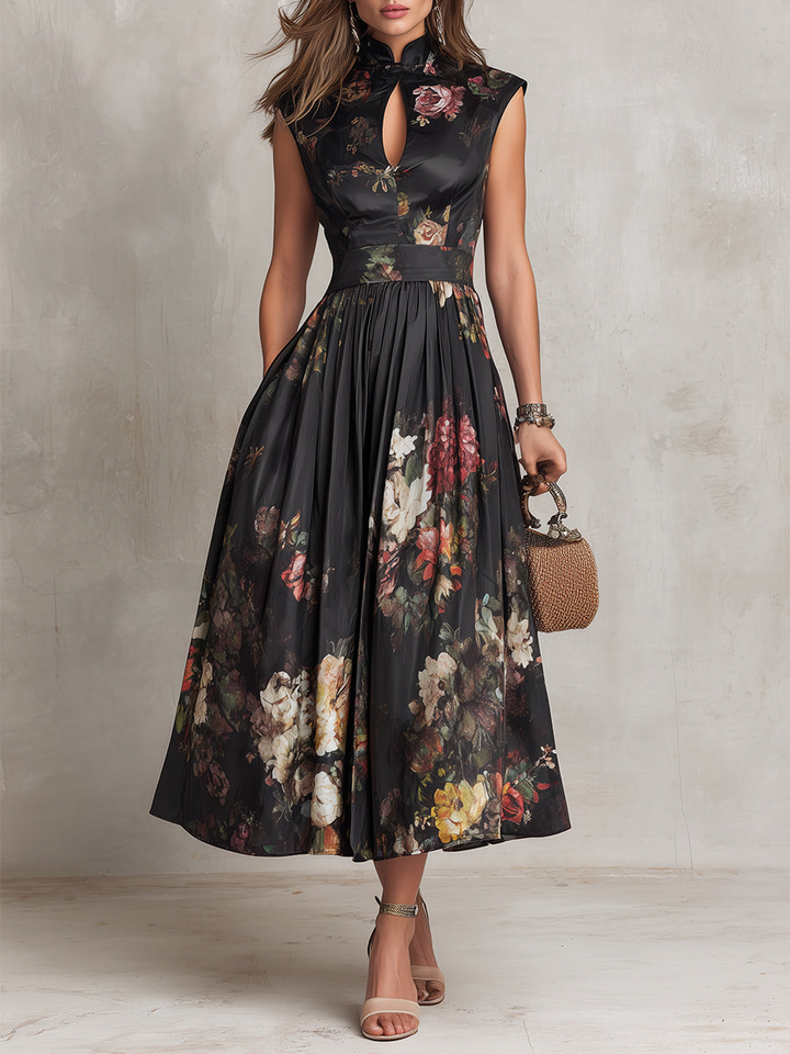 Mary | Black Keyhole Collar Floral Pleated Midi Dress