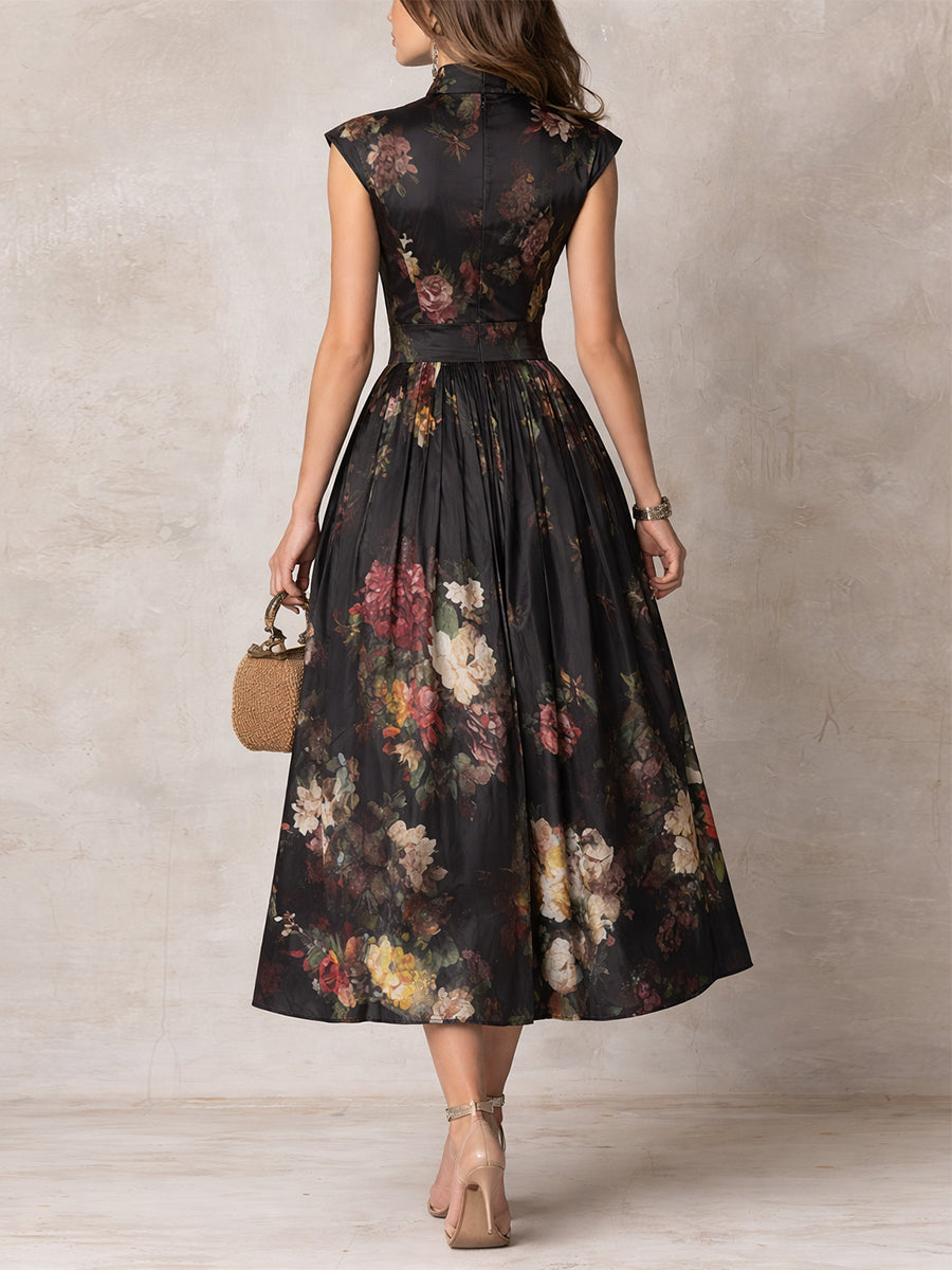 Mary | Black Keyhole Collar Floral Pleated Midi Dress