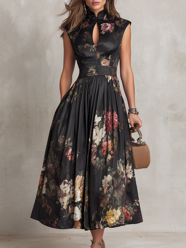 Mary | Black Keyhole Collar Floral Pleated Midi Dress