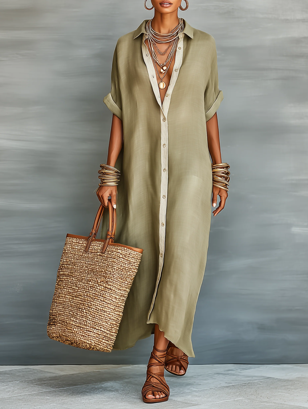 Elegant olive green maxi dress with rolled sleeves, accessorized with layered necklaces, hoop earrings, and bracelets, styled with a woven tote bag and brown sandals. Studio background.