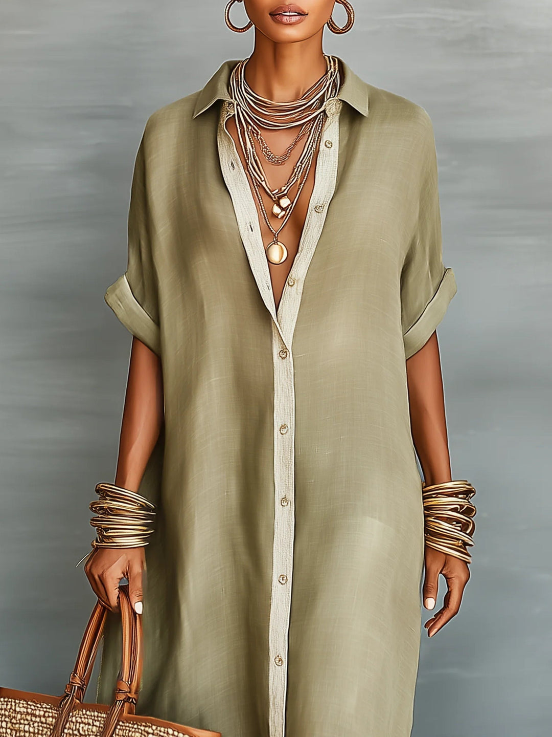Close-up of olive green maxi dress with contrasting button-down front. Styled with layered necklaces, hoop earrings, and bracelets. Studio background.