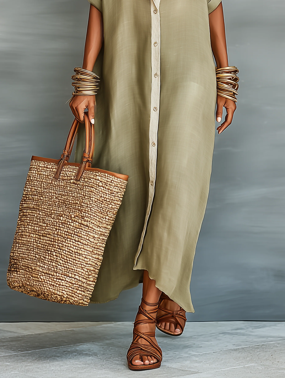 Lower view of olive green maxi dress displaying button detail, styled with layered bracelets, a woven tote bag, and brown gladiator sandals. Studio background.