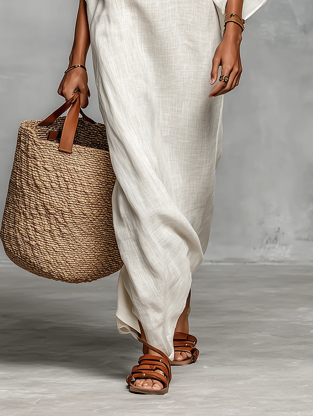 Detail of flowing white maxi dress, woven tote bag, and sandals, displayed in a neutral studio setting.