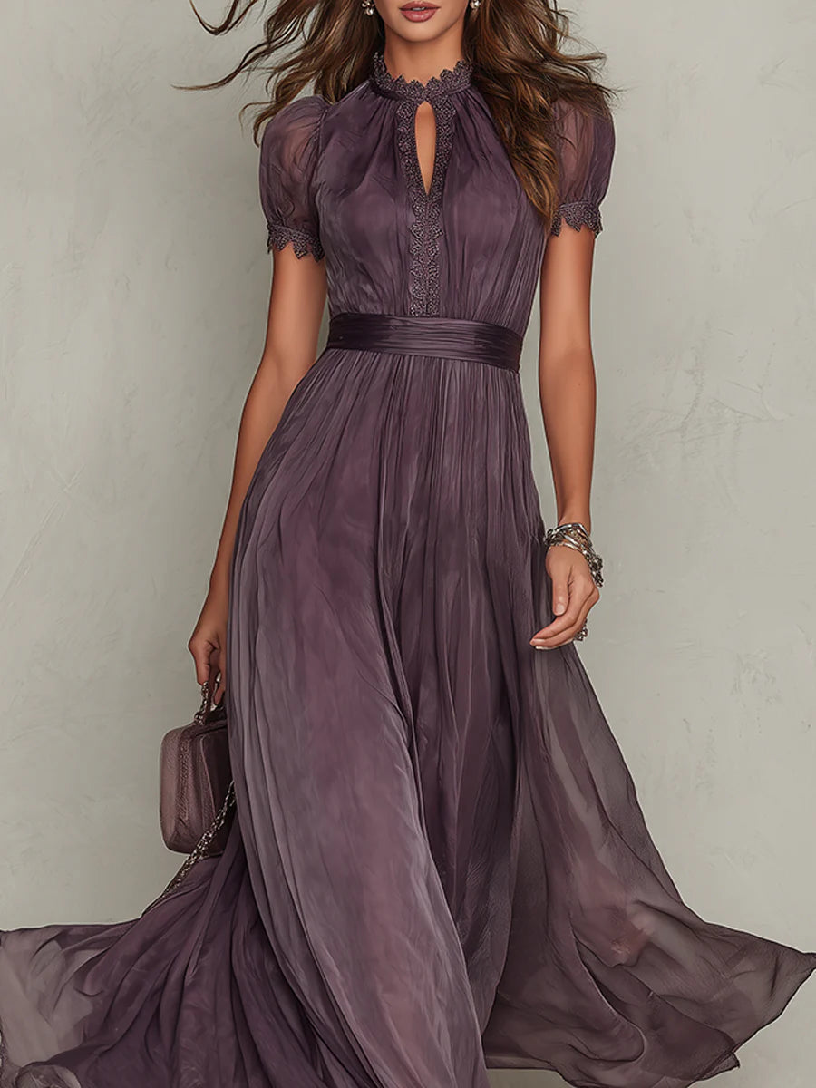 Carolyn | Purple Keyhole Neckline Chiffon Lace Trim Maxi Dress
