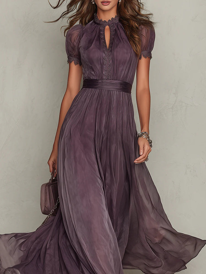 Carolyn | Purple Keyhole Neckline Chiffon Lace Trim Maxi Dress