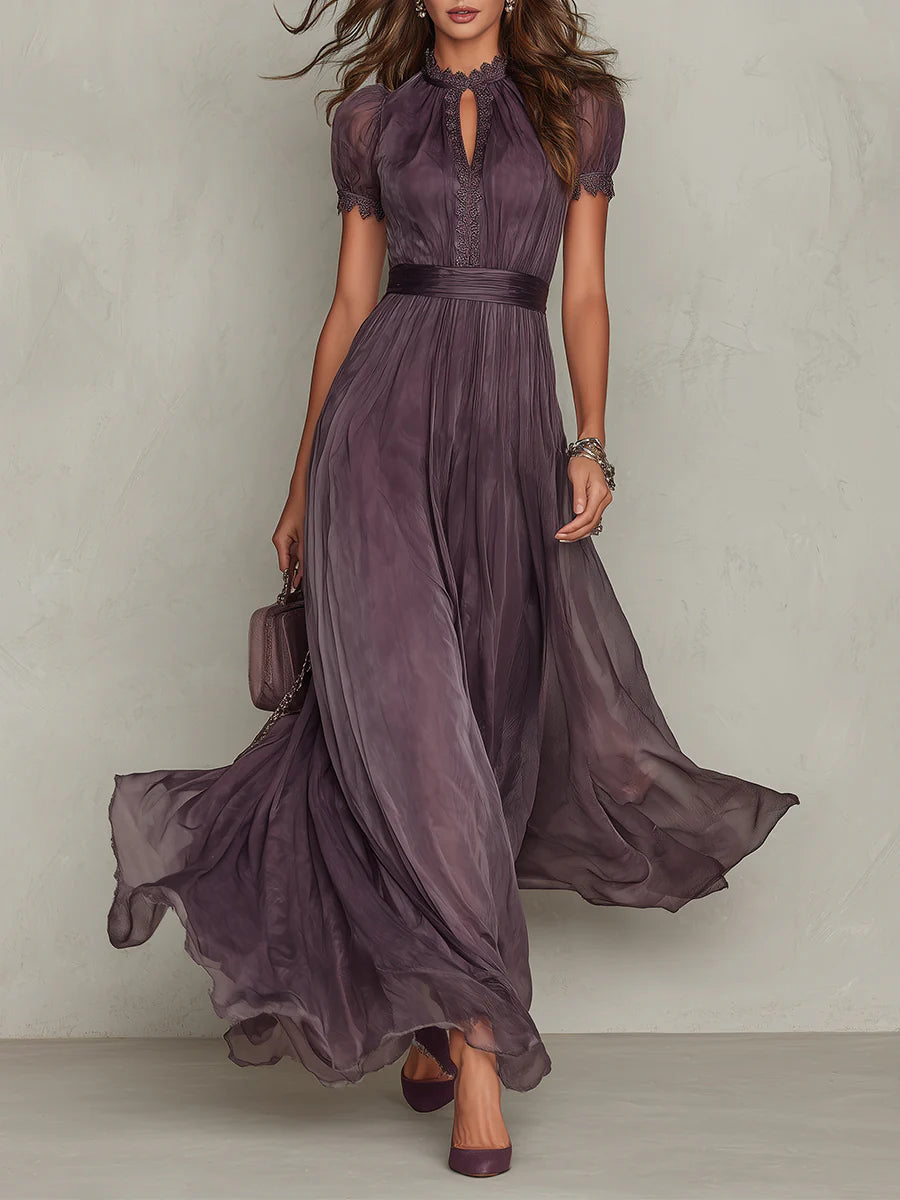 Carolyn | Purple Keyhole Neckline Chiffon Lace Trim Maxi Dress