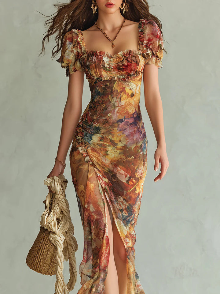 Lara | Orange Bohemian Holiday Oil Painting Print Maxi Dress