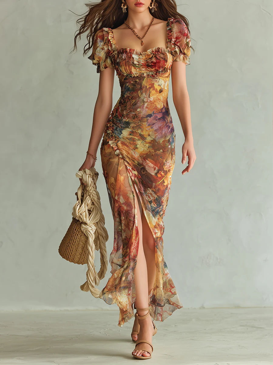 Lara | Orange Bohemian Holiday Oil Painting Print Maxi Dress